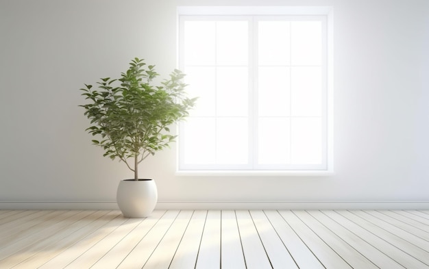 Empty white room interior with plant pot on a wooden floor