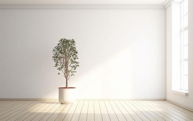 Empty white room interior with plant pot on a wooden floor