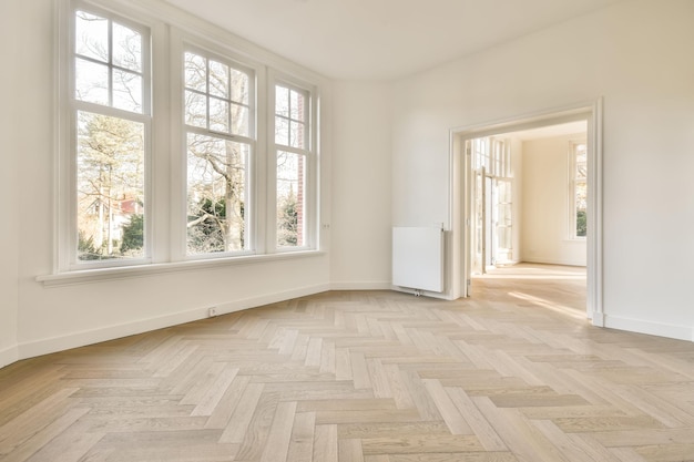 Empty white room interior with windows