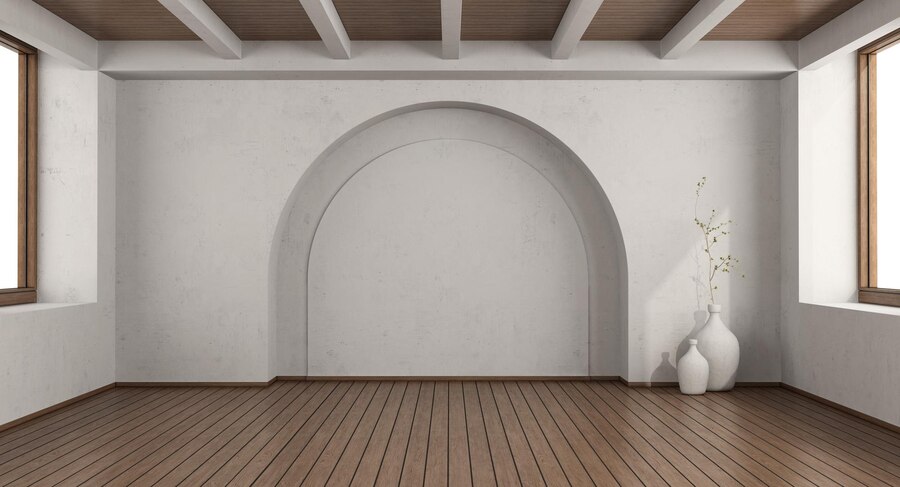  Empty white room with arch wall