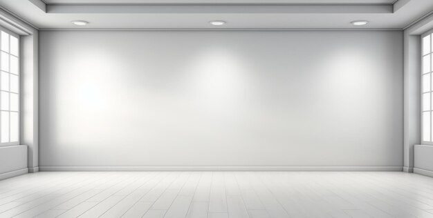 an empty white room with lights in the middle