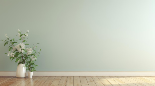 Empty white room with white plant pot and wooden floor