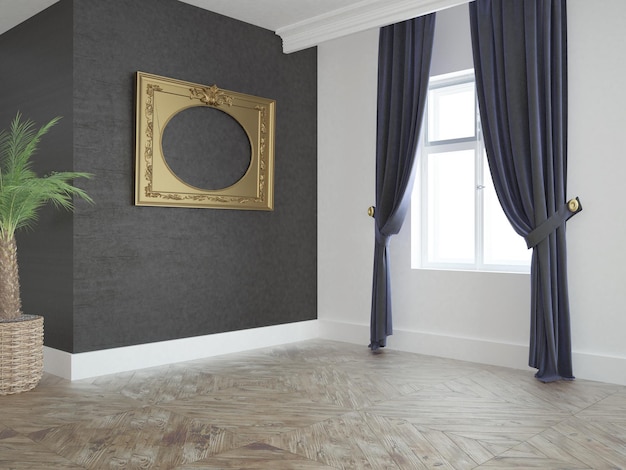 Empty white room with window and warm color parquet