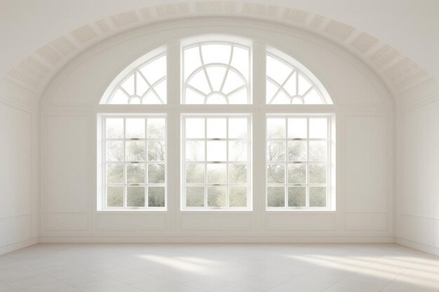 Empty white room with windows and white tiles