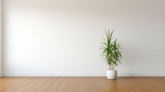 Empty White Room With Wooden Floor And Living Room Plant