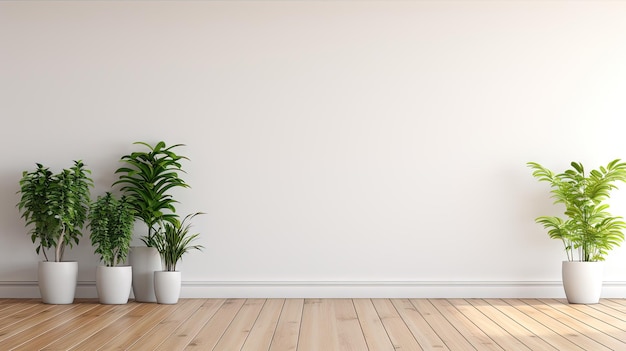 Empty white room with a wooden floor and plants