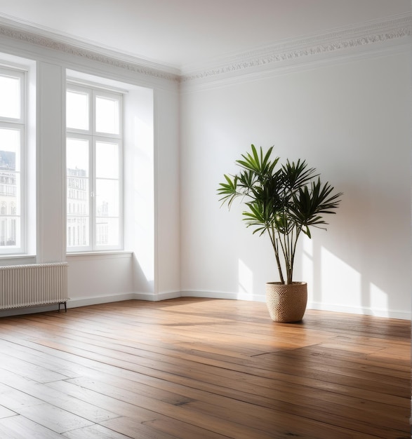 An empty white room with a wooden floor and a potted plant