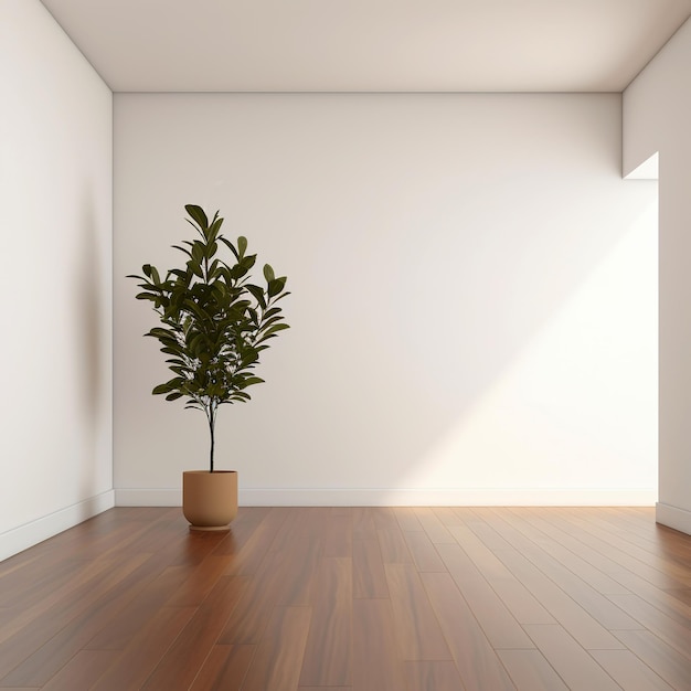 나무 바닥과 화분이 있는 빈 흰색 방