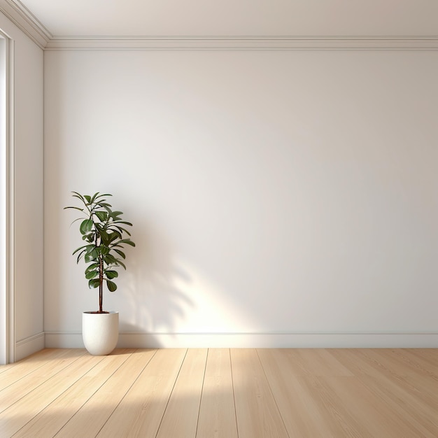 Пустая белая комната с деревянным полом и растением в горшке