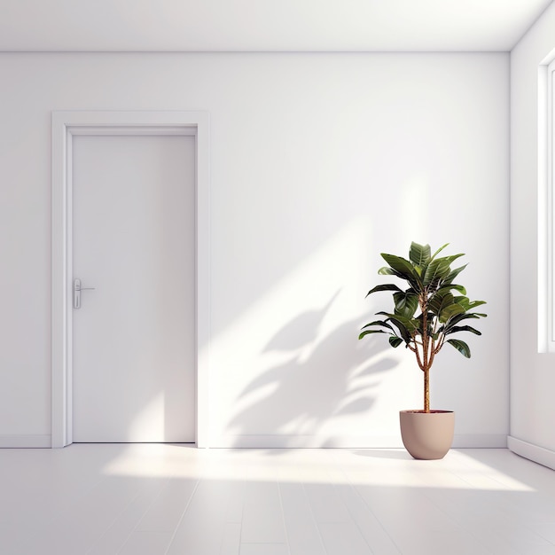 나무 바닥과 화분이 있는 빈 흰색 방