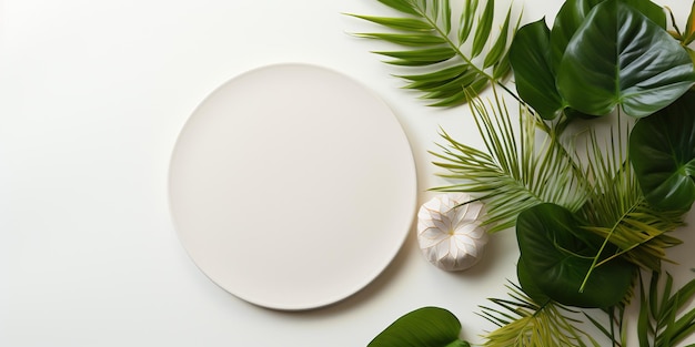 Empty white round coaster and exotic leaves on a white background