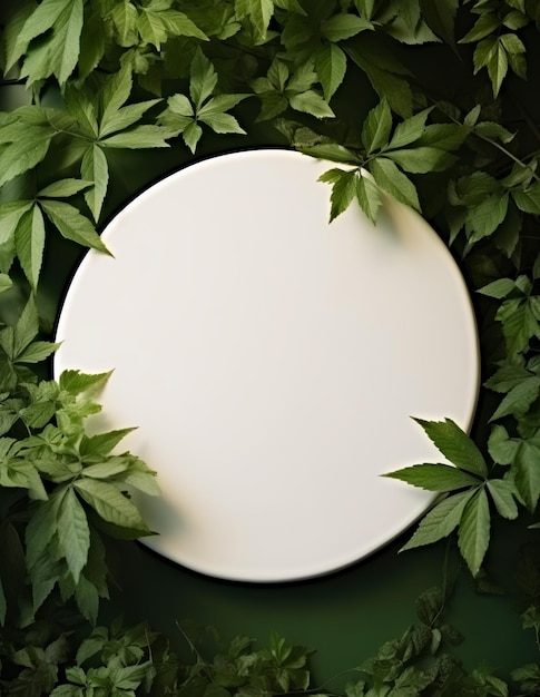 Пустой белый круглый подиум среди свежих зеленых листьев эколеса идеален для демонстрации продукции.