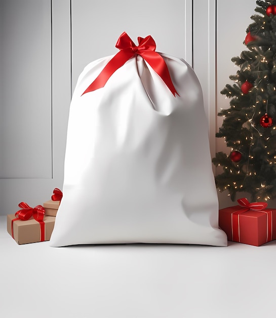 Photo empty white sack mockup with space for notes on background of christmas tree and gifts