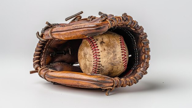 Over an empty white setting a baseball and a tattered baseball glove brown color with dirt on it and space Generative AI