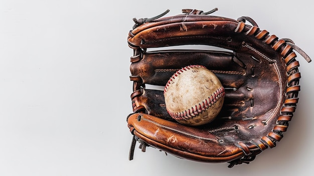 Photo over an empty white setting a baseball and a tattered baseball glove brown color with dirt on it and space generative ai