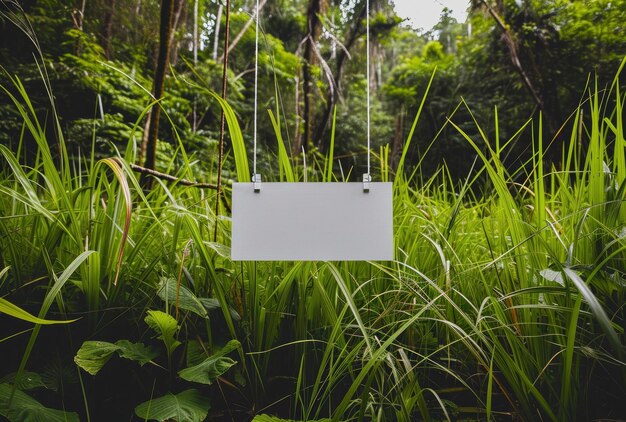 Empty white sign hangs from the border of tall grass