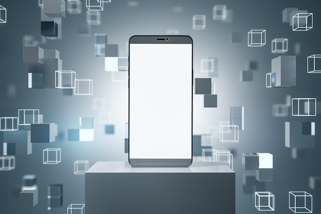 empty white smartphone on creative digital gray cubes background with pedestal and mock up place 3d rendering