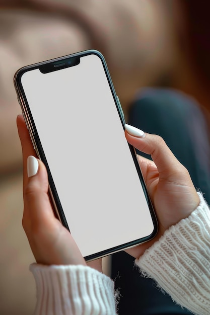 写真 女性の手に空の白いスマートフォン画面 広告用コピースペース テンプレート モックアップ 垂直