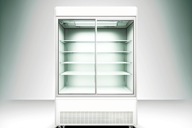 Photo empty white supermarket refrigerator showcase for sale of goods