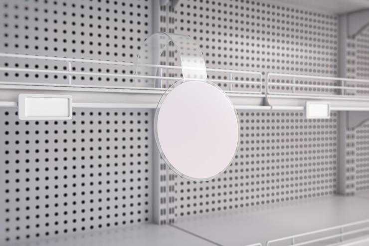 Empty white supermarket shelves with label tag Promotion and price of product