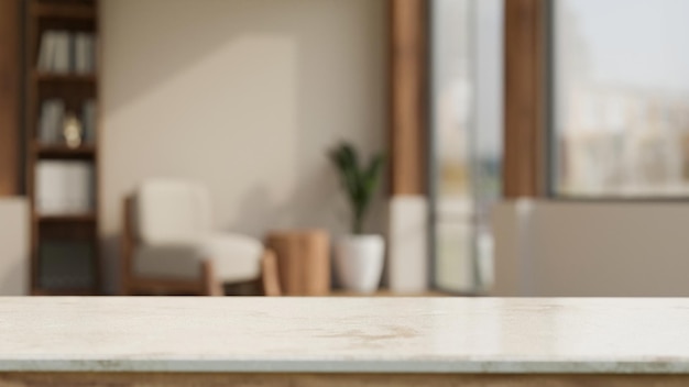 Empty white tabletop over blurred modern comfortable living room in the background