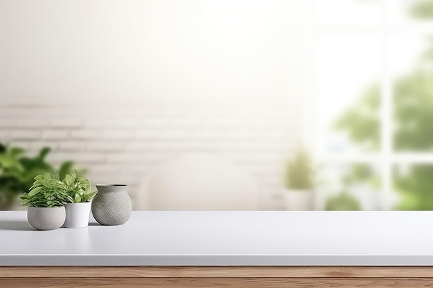 Photo empty white tabletop with blurred kitchen background for product display mockup