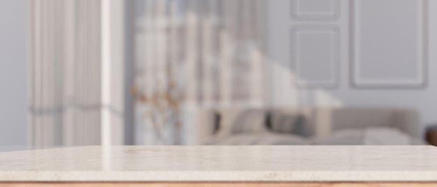 Empty white tabletop with copy space over blurred modern bright living room in the background