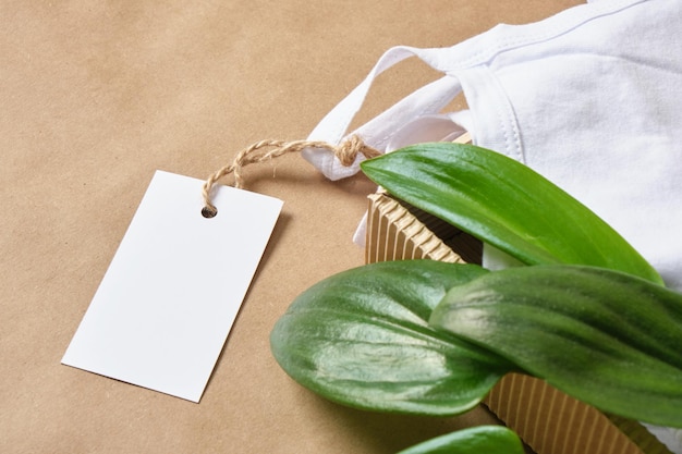 Empty white tag and underwear, t-shirt on a brown background, green leaves as a symbol of naturalness