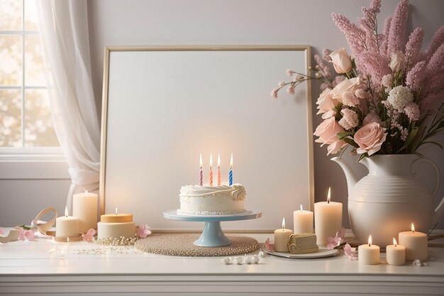 An empty white text space birthday background with busty attractive birthday cake