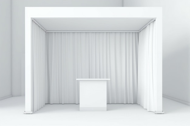 Empty white trade show expo booth for showcasing products and services on white background