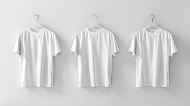 白い壁にぶら下がっている白いTシャツのモッケージ前と後ろを示すあなたがする必要があるのはデザインを自分自身で置き換えることです