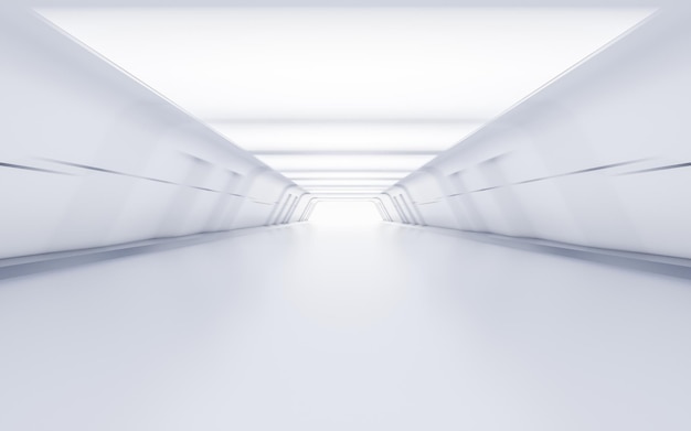 미래 지향적인 스타일의 3d 렌더링이 있는 빈 흰색 터널
