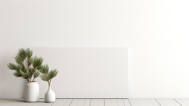 Photo an empty white wall as a mockup canvas a stylish vase with green fir branches on a white table beneath the wall this is a great way to showcase the simplicity of holiday home decor