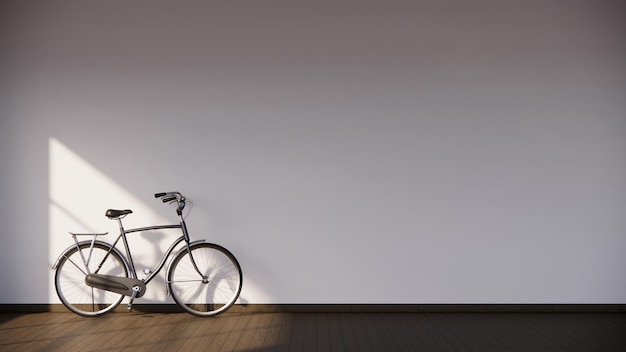 Foto il muro bianco vuoto ha una bicicletta su un pavimento in parquet di legno rendering 3d