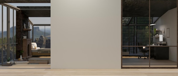 Фото Пустая белая стена в современной просторной комнате с гостиной и комнатой для домашнего офиса