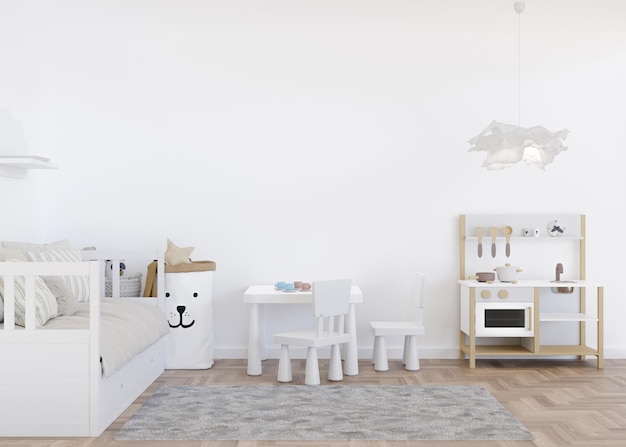 写真 モダンな子供部屋の空の白い壁スカンジナビアスタイルのインテリアをモックアップ写真やポスター用のスペースをコピーベッドのおもちゃ子供用の居心地の良い部屋3dレンダリング