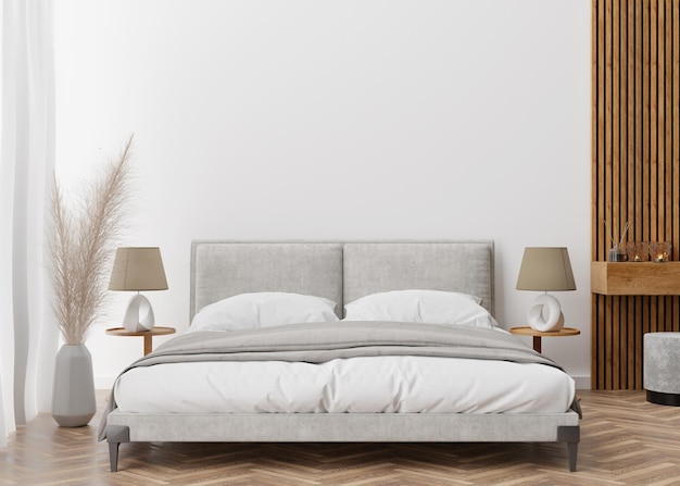 현대적이고 아늑한 침실의 빈 흰색 벽은 현대적인 스타일로 내부를 조롱하고 그림 텍스트 또는 다른 디자인을 위한 여유 공간 복사 공간 침대 램프 쪽모이 세공 마루 팜파스 잔디 3D 렌더링