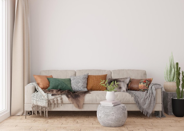 Empty white wall in modern living room Mock up interior in scandinavian boho style Free copy space for your picture text or another design Sofa plants 3D rendering