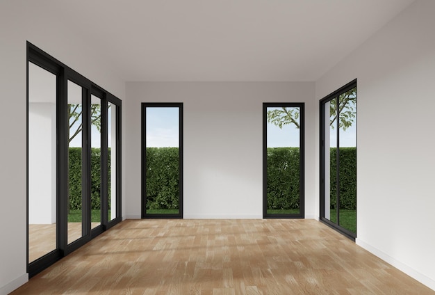 Пустая белая стенная комната с дверями и окнами. 3D-рендеринг интерьера жилого дома.