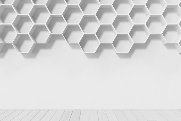 Photo empty white wall with hexagon shelves on the wall, 3d rendering