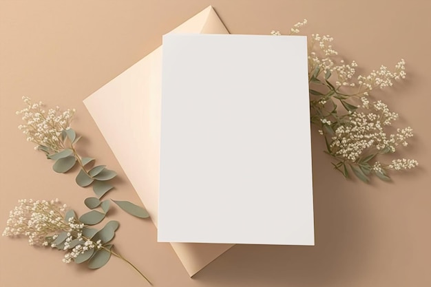 Empty white Wedding invitation card mockup with natural eucalyptus Generative AI