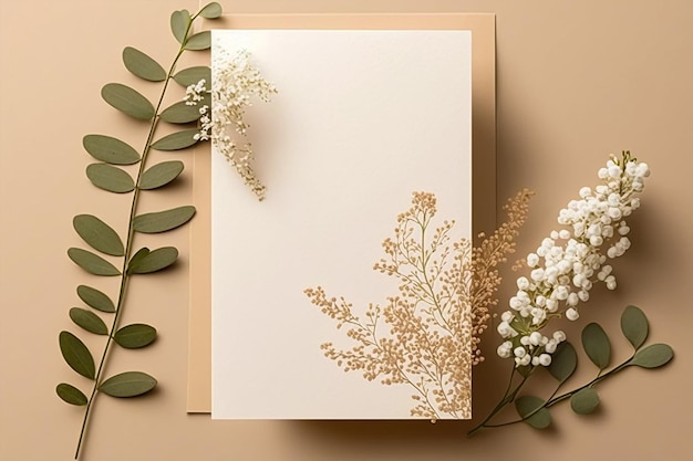 Empty white Wedding invitation card mockup with natural eucalyptus Generative AI