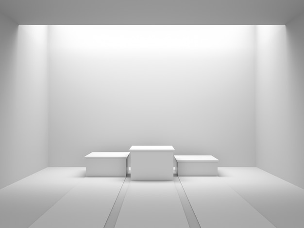 Empty white winners podium in white room with light from ceiling