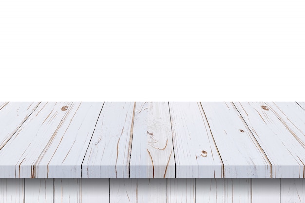 Empty white wood table on isolate white background and display montage with copy space for product.