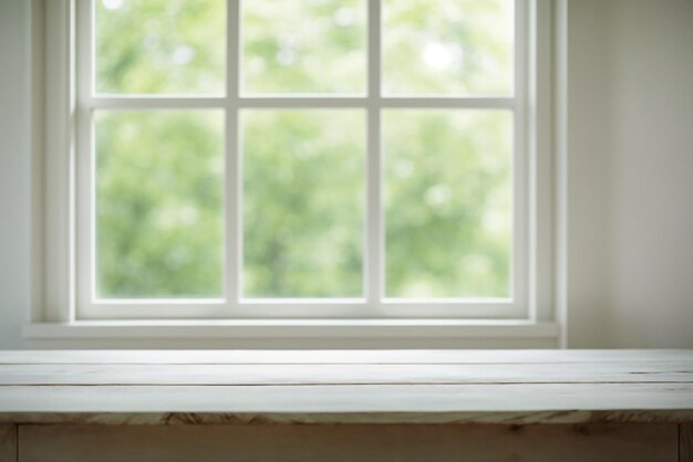 Foto tavolo vuoto in legno bianco con finestra e sfondo bokeh verde della natura foto di alta qualità