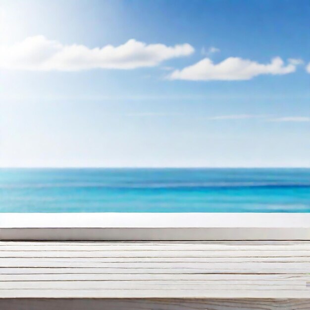 Empty white wooden board table looking out to a blue ocean background generated by AI