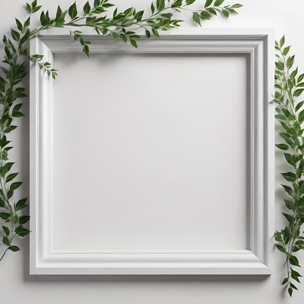 Фото Пустая белая деревянная рама и ветви с зелеными листьями на белом фоне с пространством для копирования