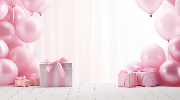 Empty white wooden table in the foreground Blurred background with pink gifts AI