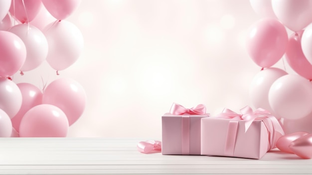 Empty white wooden table in the foreground Blurred background with pink gifts AI