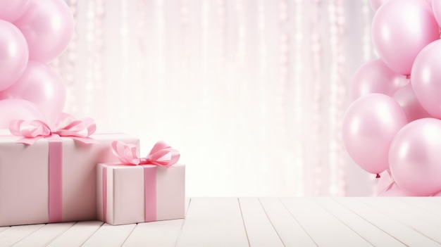 Empty white wooden table in the foreground Blurred background with pink gifts AI